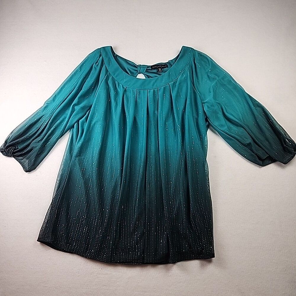 Sara Michelle 1X Ombre Glitter Knot Cuff Sheer Lined Womens Shirt Sparkle Blouse